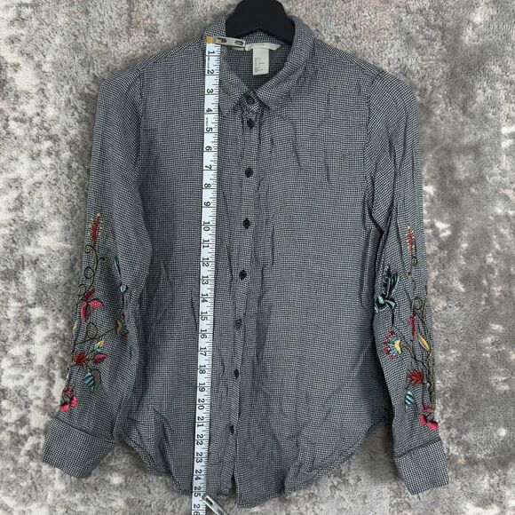 H&M Size 6 Floral Embroidered Long Sleeve Button Shirt Black White Houndstooth - Picture 2 of 9